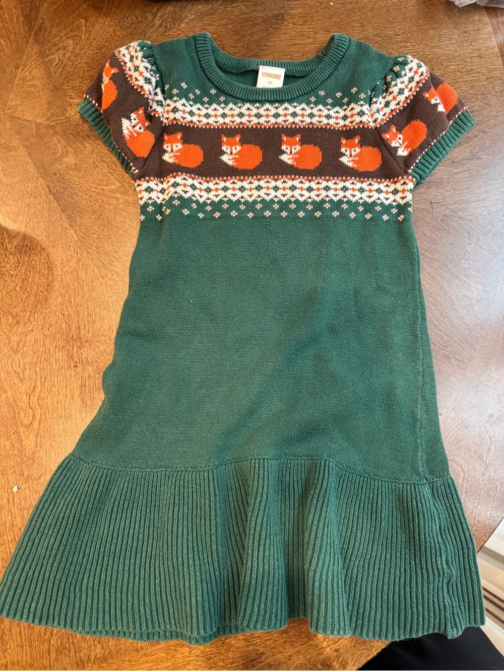 Gymboree Green Knit Dress with Orange Fox Motif